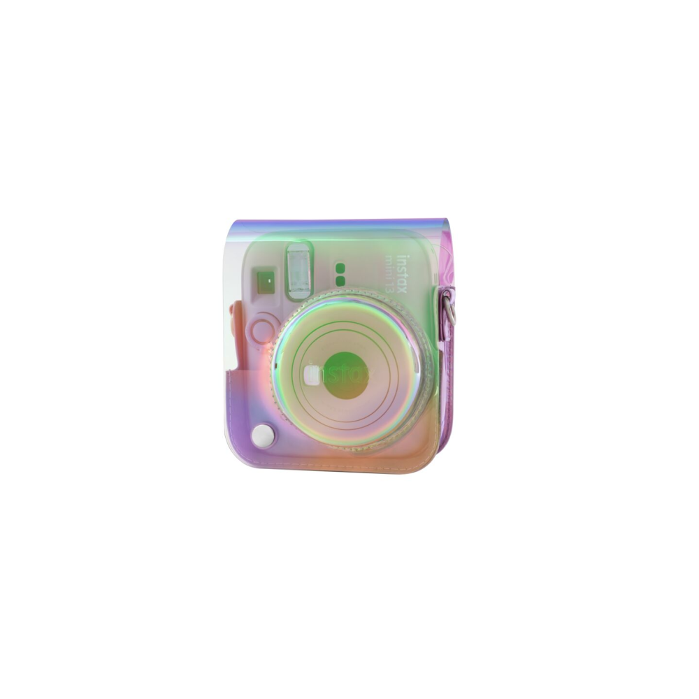 Una funda transparente e iridiscente para cámara Instax Mini 12, mostrando tonos arcoíris sobre un fondo blanco.