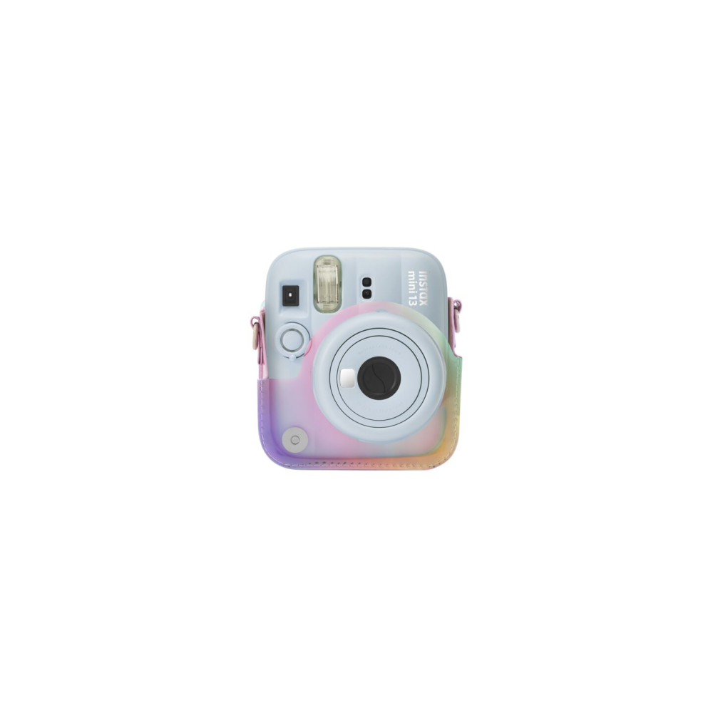 Una cámara instantánea Instax Mini 13 azul claro con funda arcoíris.