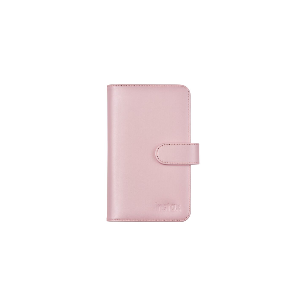 Üzerinde "instax" yazısı kabartmalı, çıtçıtlı açık pembe bir kılıf.