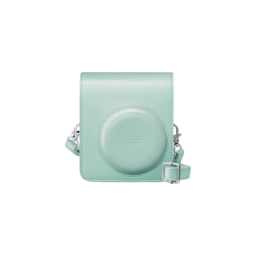 Funda de cámara verde menta con correa y logo Instax.