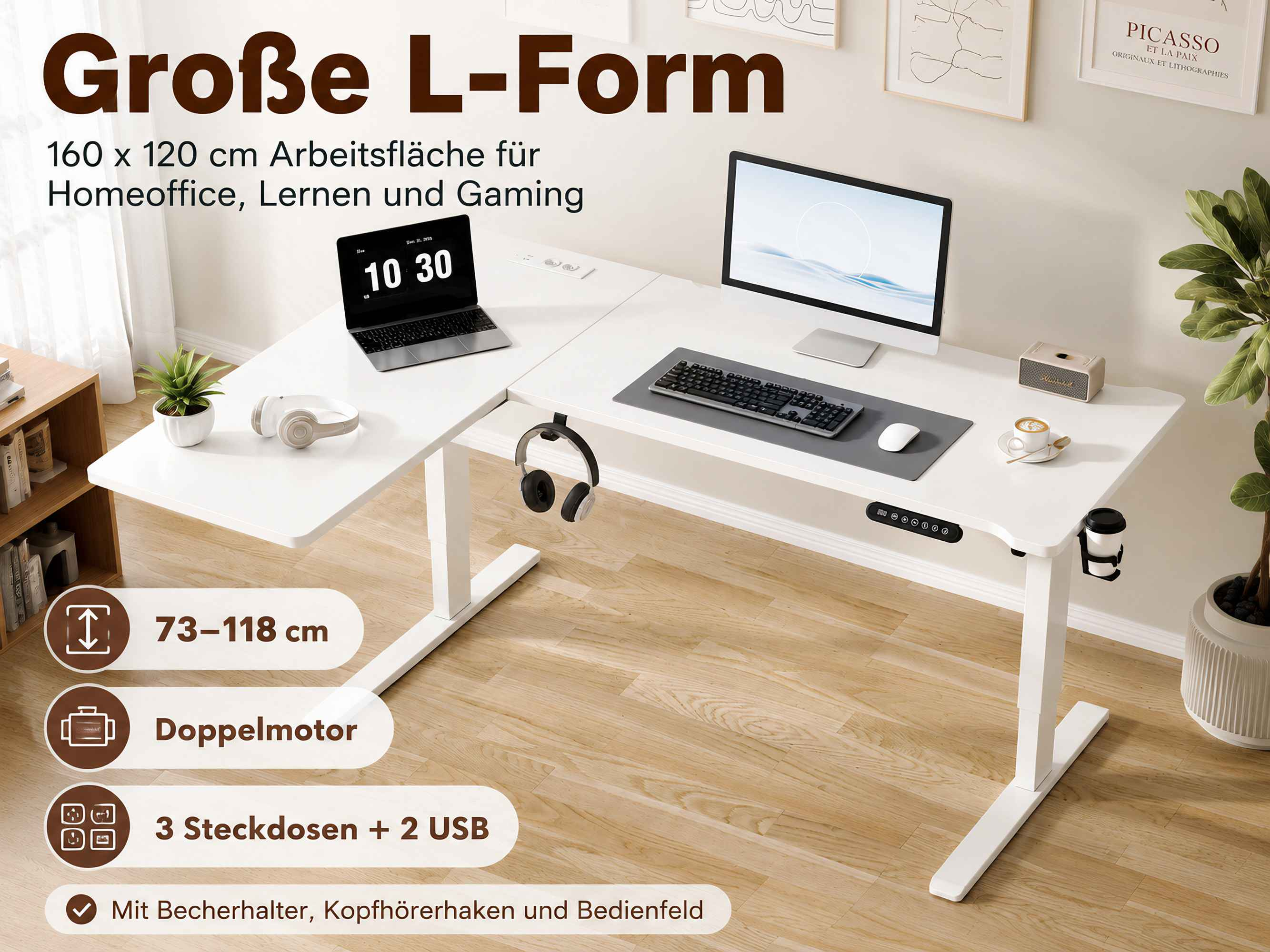 Großer weißer L-Schreibtisch mit Laptop, Monitor, Tastatur und Becherhalter.