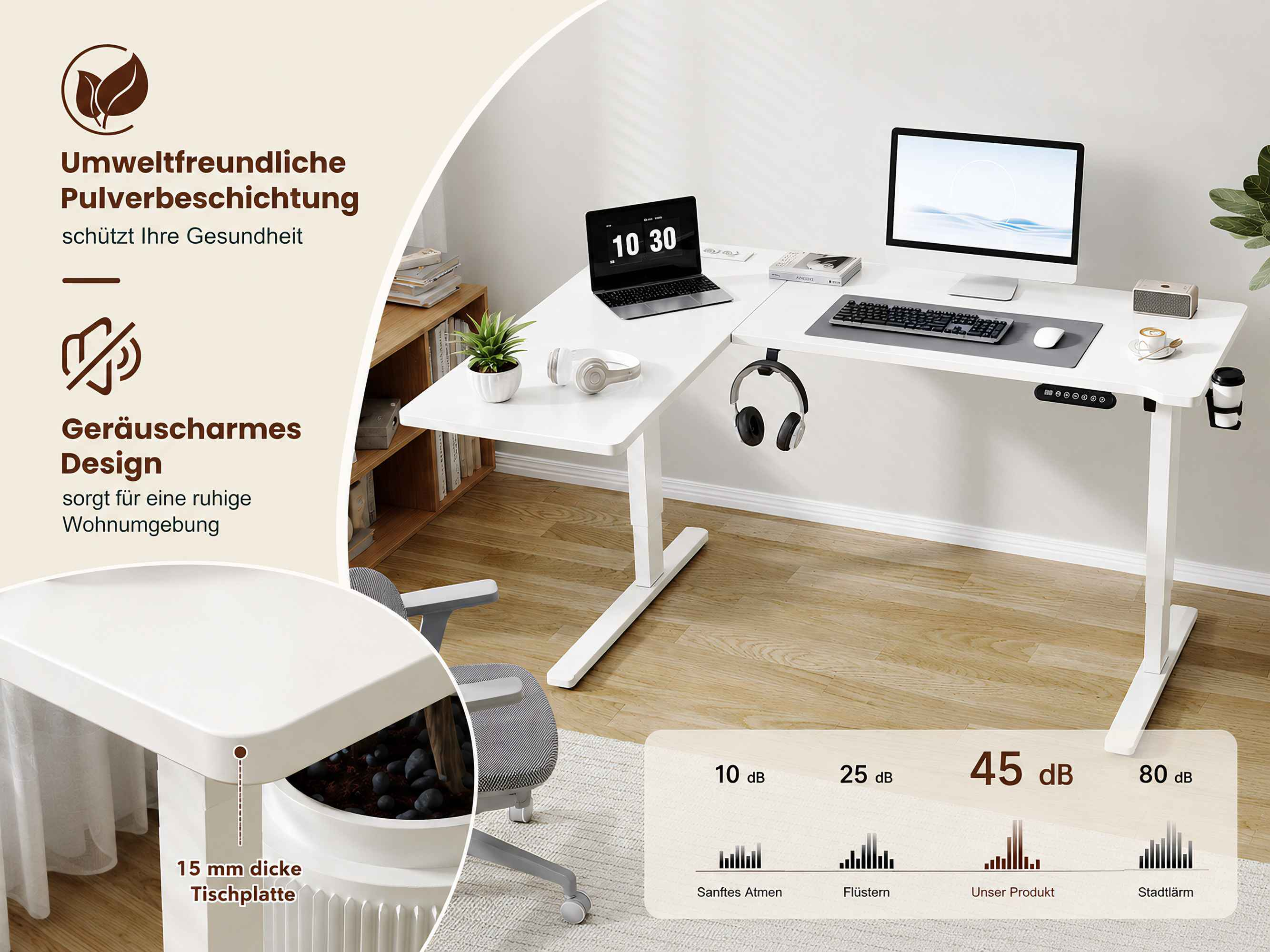 Ein weißer höhenverstellbarer Schreibtisch mit Laptop, Monitor, Kopfhörern und Kaffeetasse.