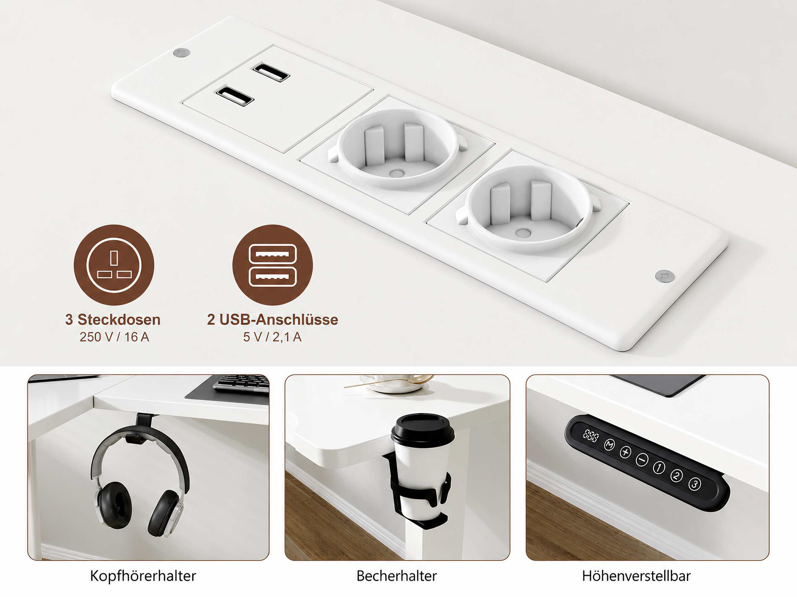 Weiße Steckdosenleiste mit 2 USB-Ports, 2 Steckdosen, Kopfhörer- und Becherhalter.