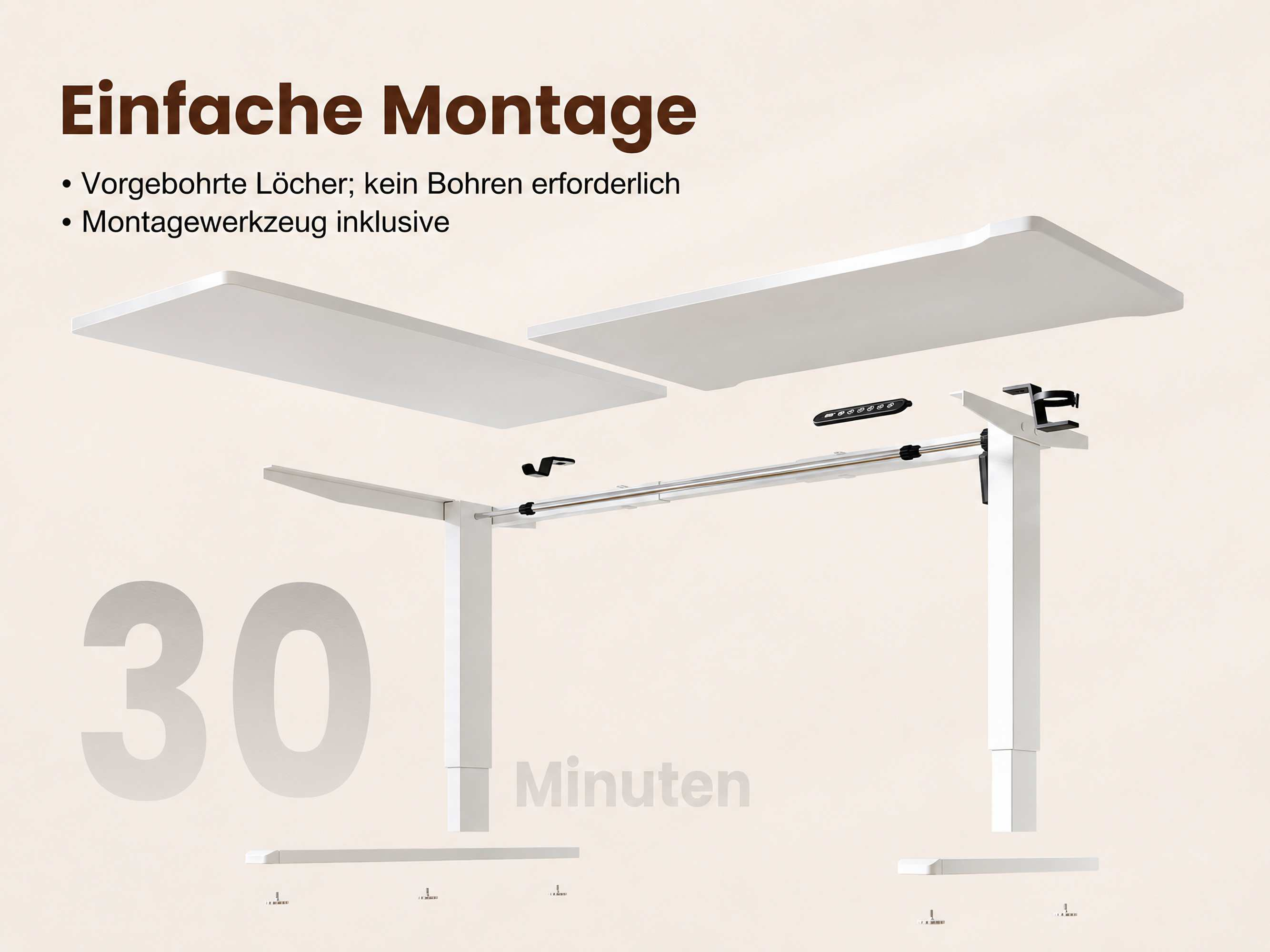 Montageanleitung für einen Schreibtisch mit zerlegten Teilen und Werkzeug.