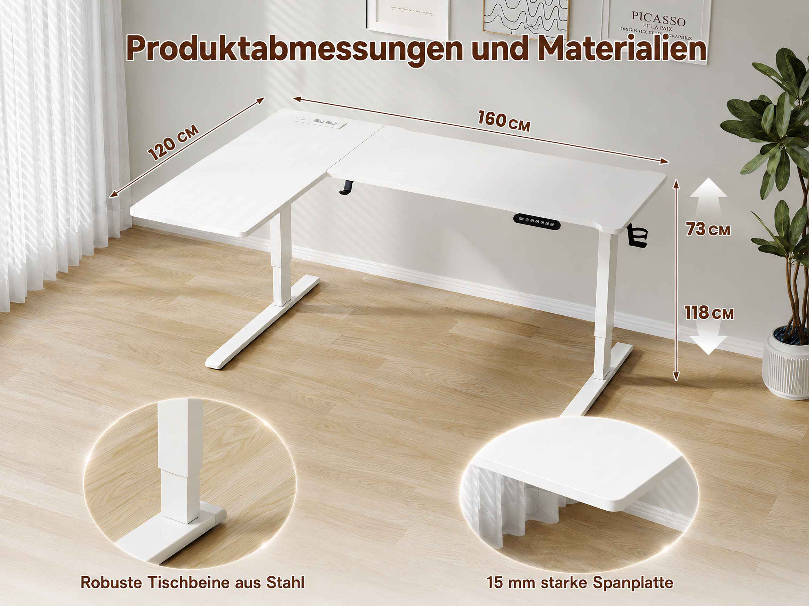Weißer L-förmiger Schreibtisch mit Maßangaben und Details zu Material und Aufbau.