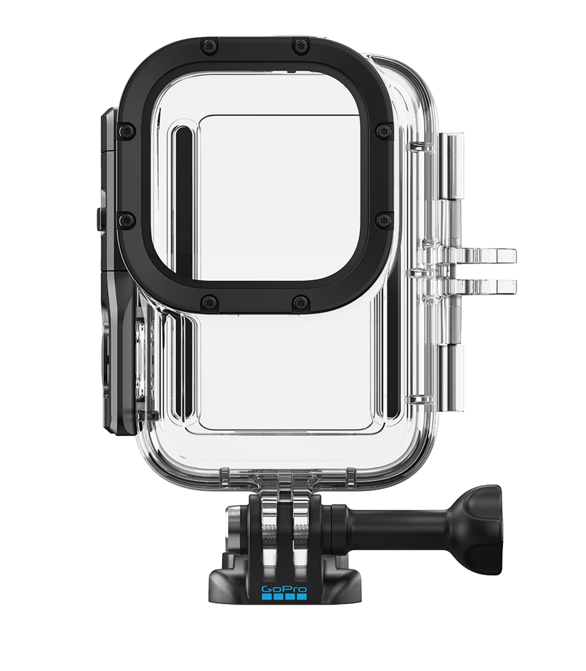 Carcasa impermeable GoPro con marco negro y soporte.