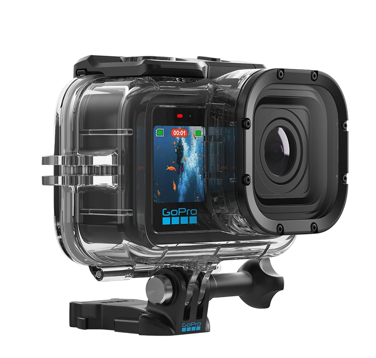 Una cámara GoPro en una carcasa transparente e impermeable, mostrando una escena submarina con un buzo y peces en su pantalla.