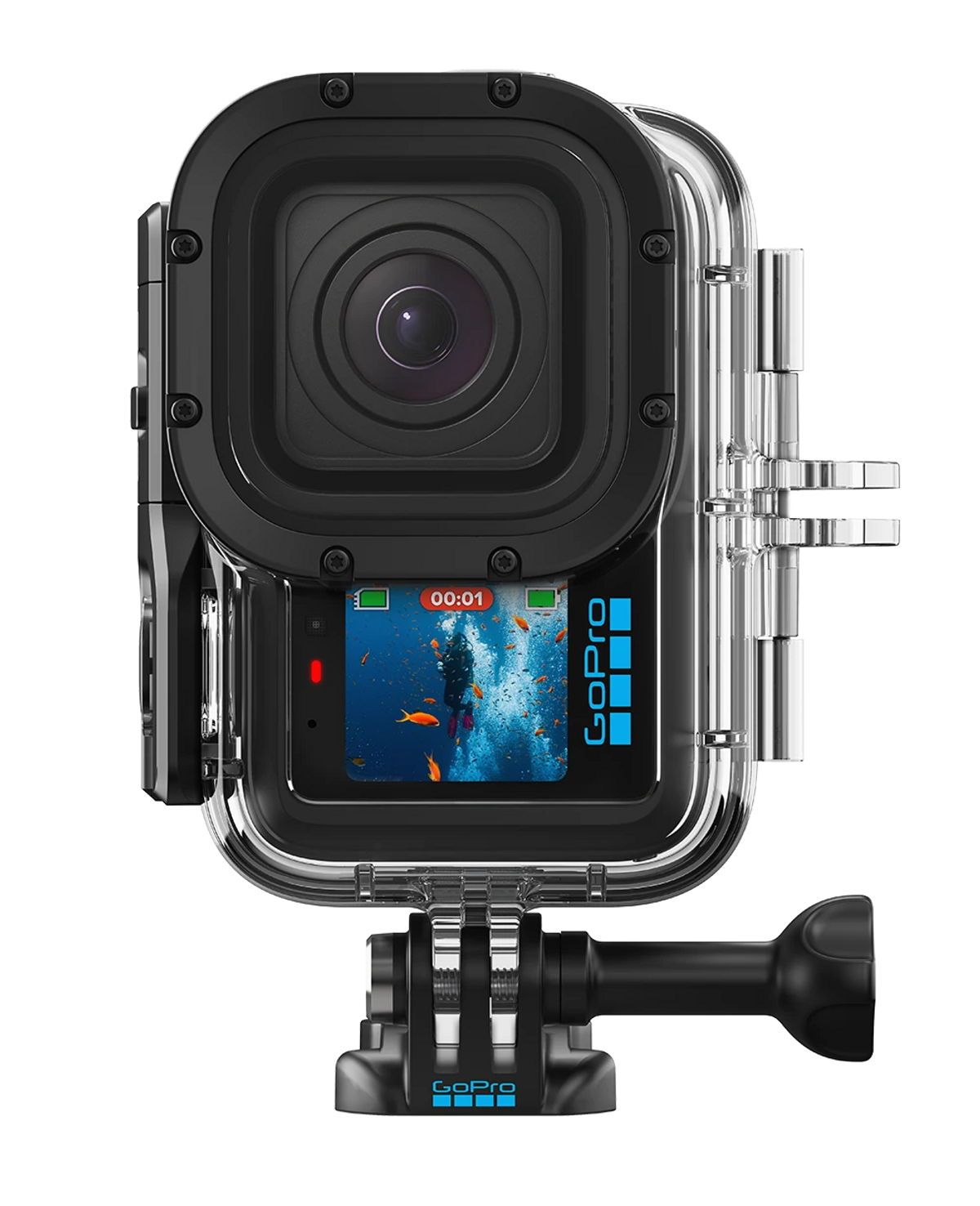 GoPro en carcasa impermeable mostrando vista previa de buzo.