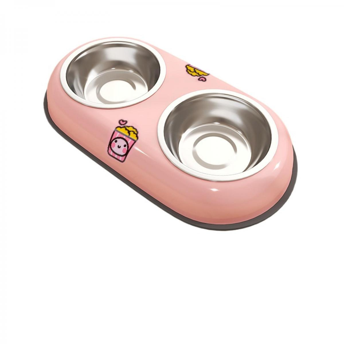 Ein rosa Doppelnapf für Haustiere mit niedlichen Popcorn-Illustrationen und Edelstahleinsätzen.