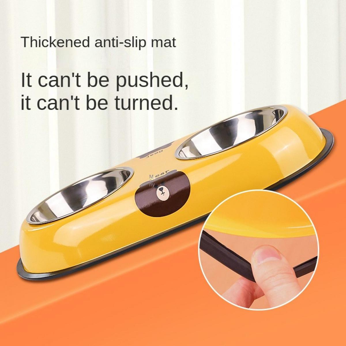 Gelbe Anti-Rutsch-Matte für Haustierfutternäpfe mit zwei Edelstahlnäpfen.