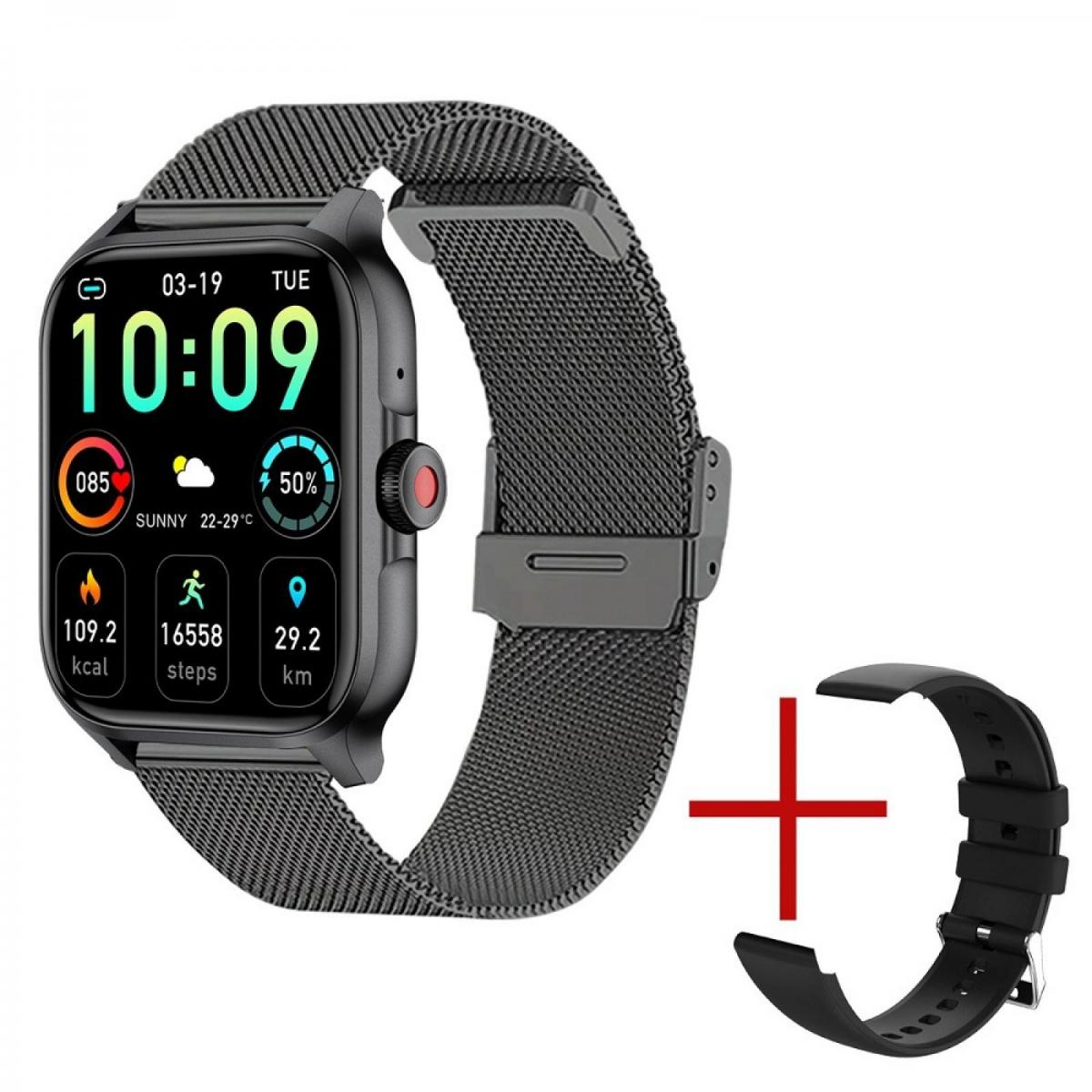 Eine schwarze Smartwatch mit Metallband zeigt Zeit, Datum, Wetter und Fitnessdaten an. Ein Ersatzband liegt daneben.