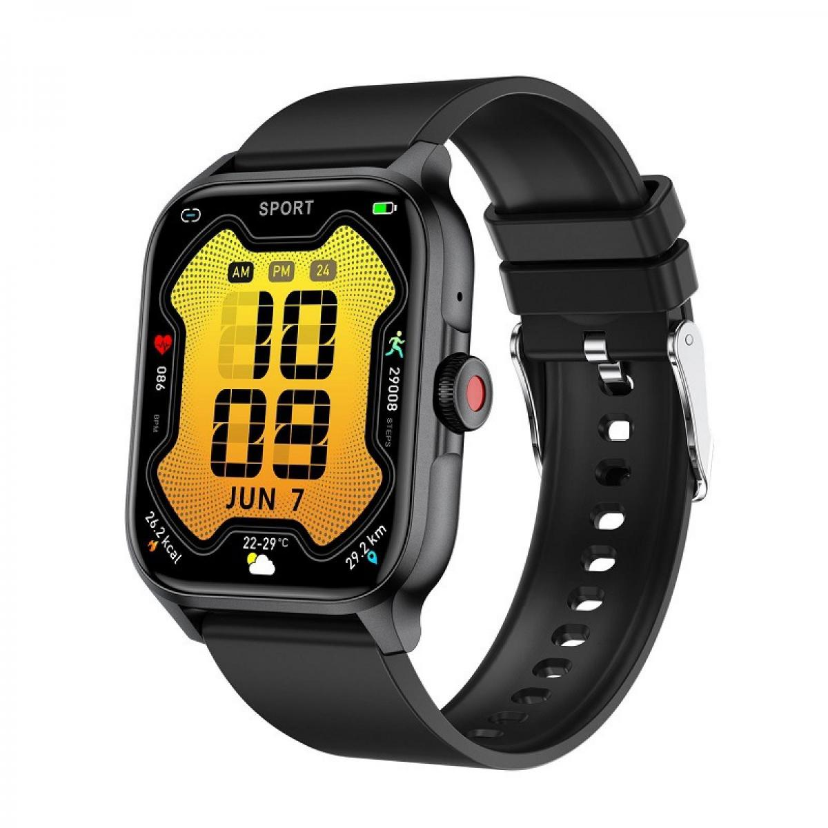 Schwarze Smartwatch mit gelbem Zifferblatt zeigt Uhrzeit, Datum, Schritte, Herzfrequenz.