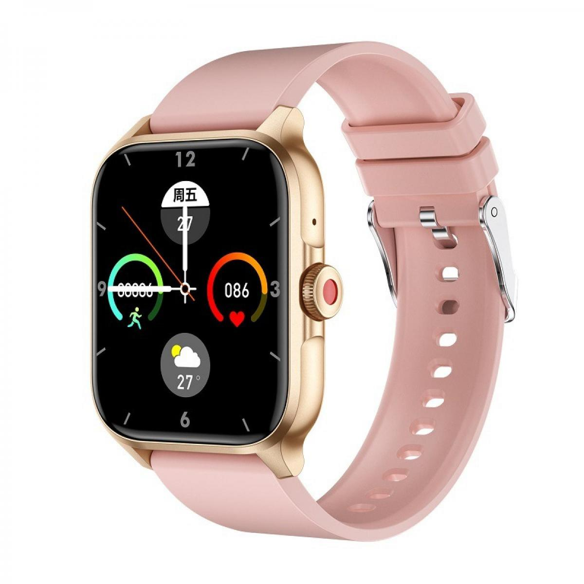 Eine goldene Smartwatch mit einem rosafarbenen Armband und einem schwarzen Zifferblatt mit verschiedenen Anzeigen.