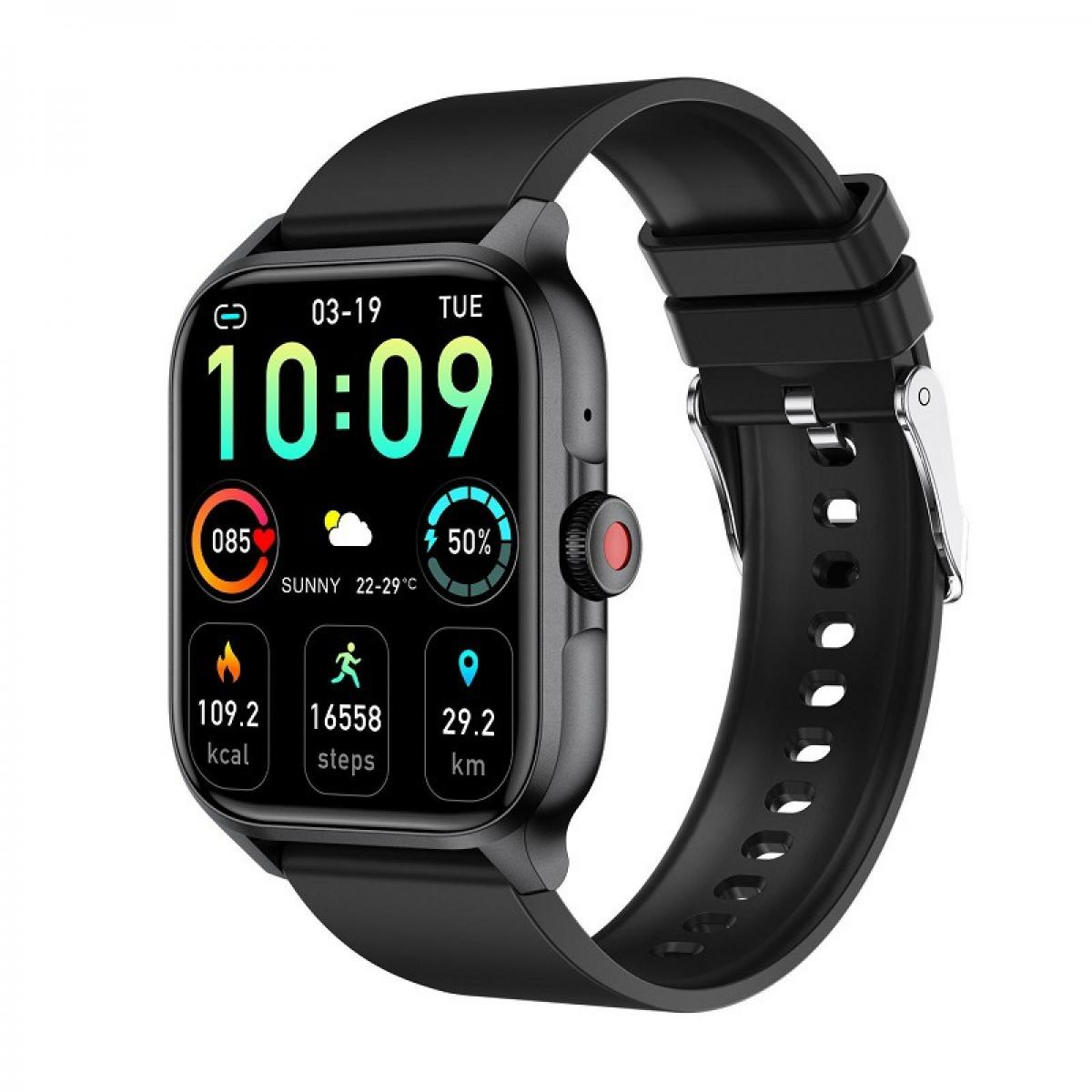 Schwarze Smartwatch zeigt 10:09 Uhr, Datum 03-19, Di, 85 Herzfrequenz, sonnig, 50% Akku.