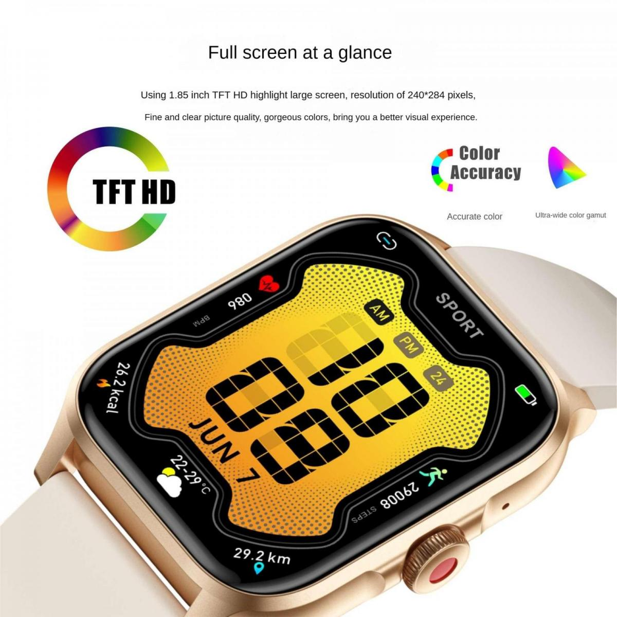 Goldene Smartwatch mit großem, hellem Display, zeigt Uhrzeit, Datum, Schritte und Vitalwerte.