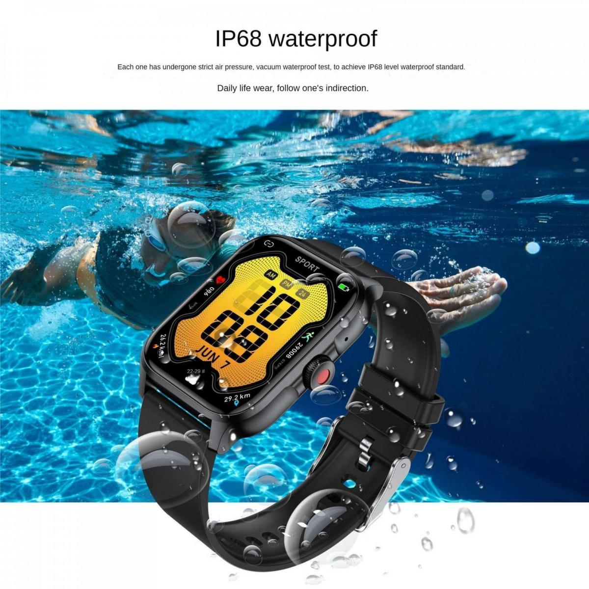 Eine schwarze Smartwatch zeigt Zeit und Fitnessdaten unter Wasser an, mit Schwimmer im Hintergrund.