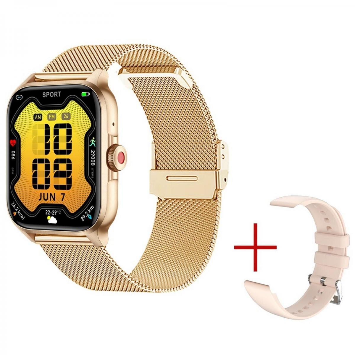 Goldene Smartwatch mit Mesh-Armband und rosafarbener Ersatzbandschlaufe.