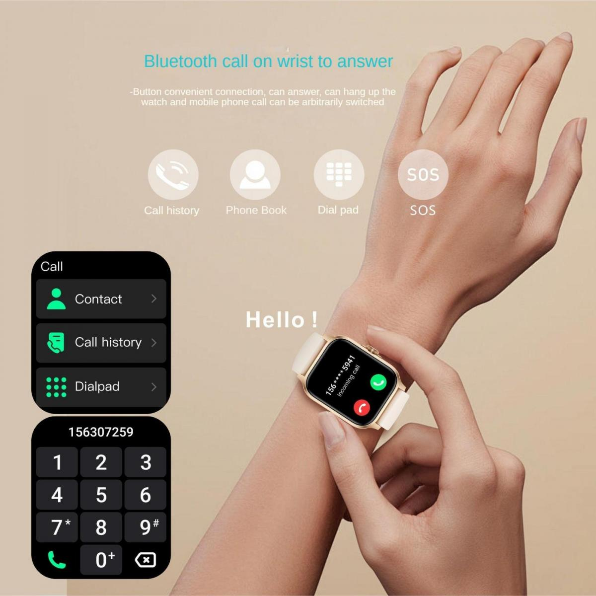 Eine Person trägt eine Smartwatch, die einen eingehenden Anruf anzeigt. Telefonmenü auf dem Bildschirm.