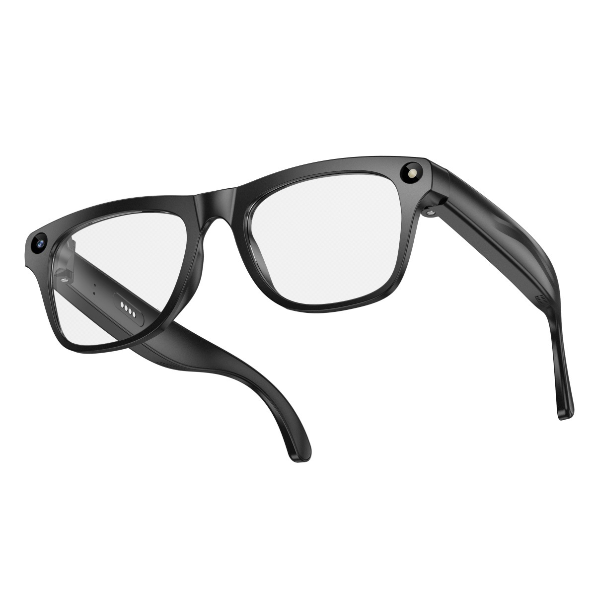 Schwarze Brille mit Kameras und vier Ladekontakten auf weißem Hintergrund.