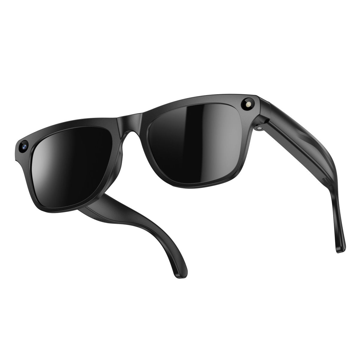 Schwarze Sonnenbrille mit Kameras an beiden Bügeln.