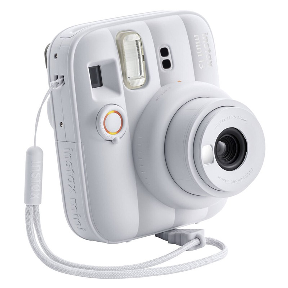 Eine weiße Instax Mini 13 Sofortbildkamera mit einem Objektiv und Blitz.
