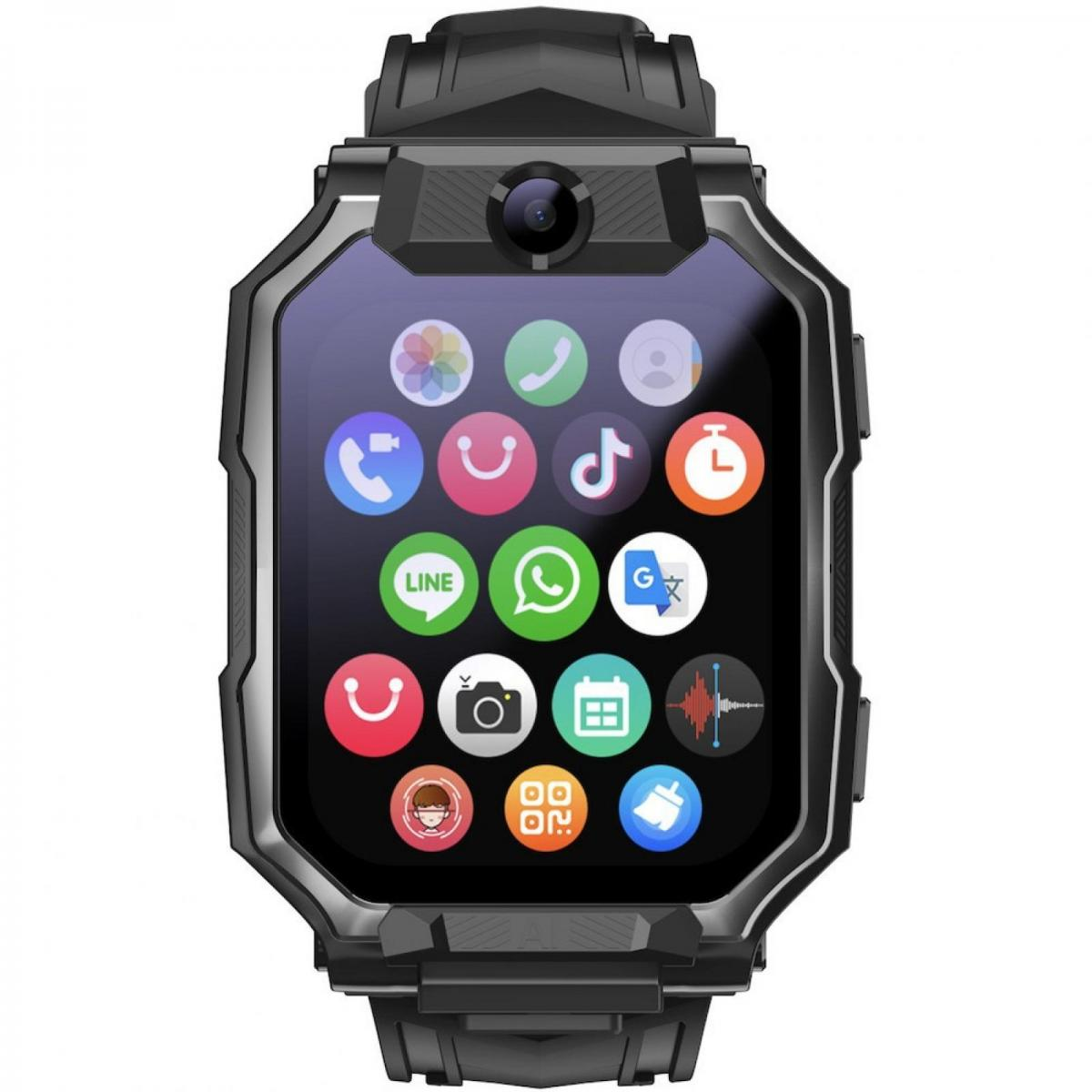 Schwarze Smartwatch mit Kamerasymbol oben und App-Symbolen auf dem Bildschirm.