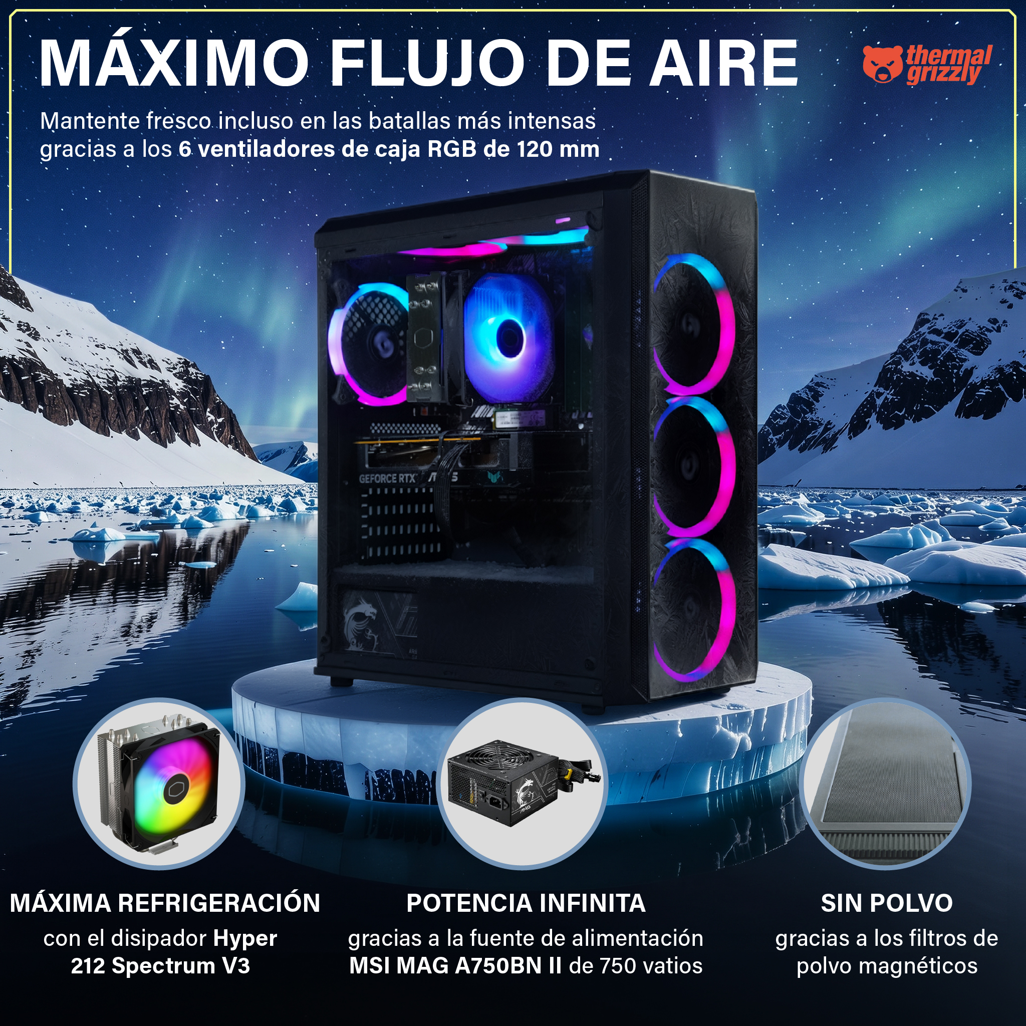 Una caja de PC con ventiladores RGB se asienta sobre hielo, con un disipador, fuente y filtro cerca.