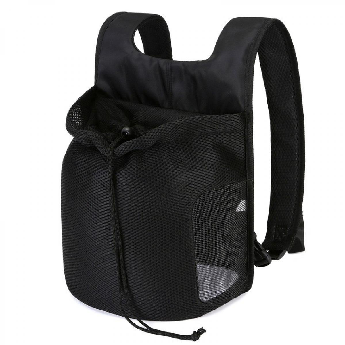 Ein schwarzer Rucksack aus Mesh mit Kordelzug und gepolsterten Trägern.