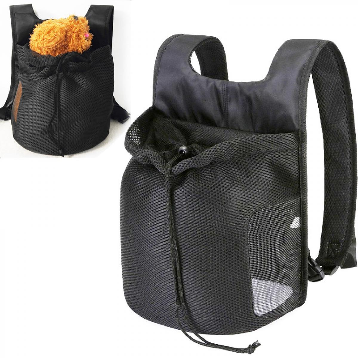 Schwarzer Netzstoff-Rucksack mit orangefarbenem Plüschtier, vorne mit Kordelzug.