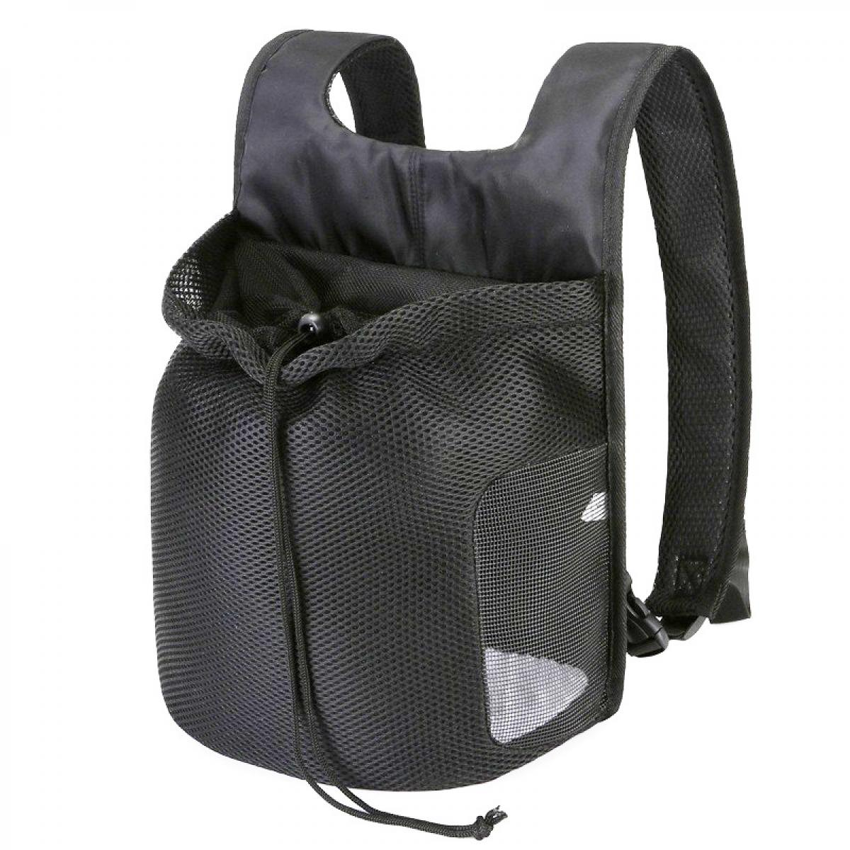 Schwarzer Rucksack mit Netzstoff und Kordelzug. Weißer Hintergrund.