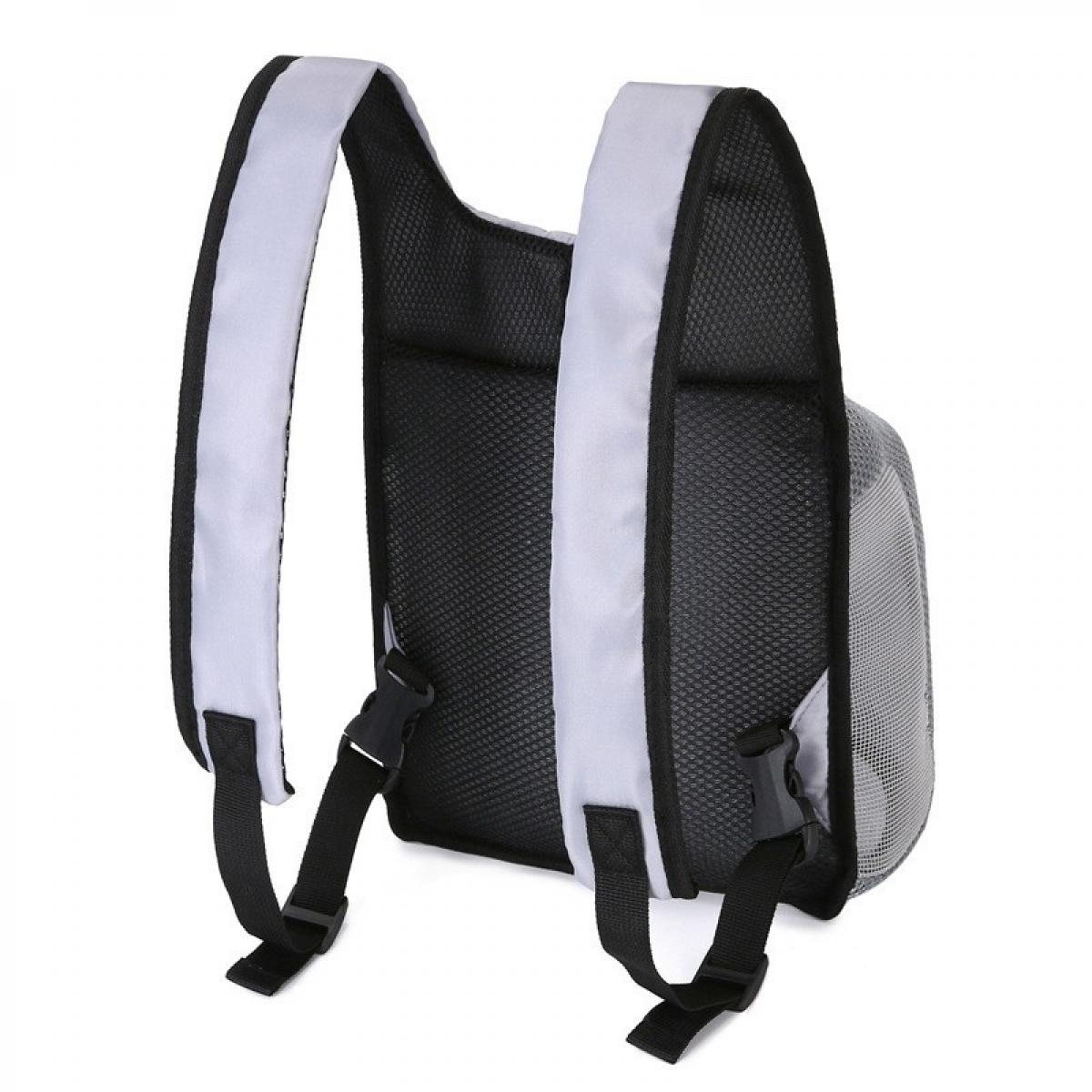 Ein grauer Rucksack mit schwarzen Trägern und Schnallen, auf weißem Hintergrund.