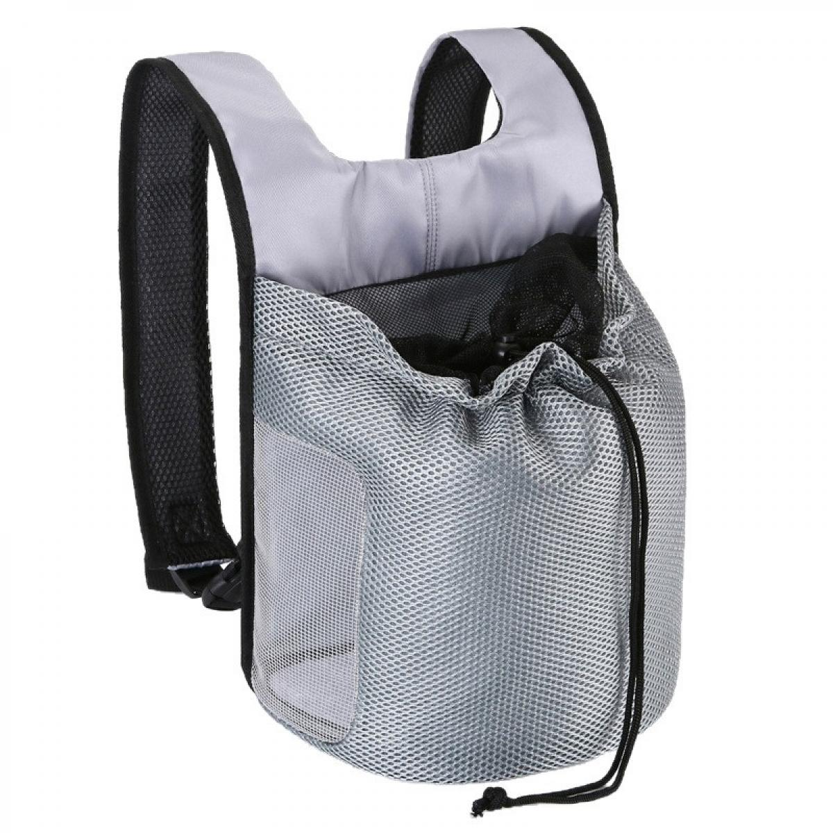 Grauer Rucksack mit Netzstoff und Kordelzug, schwarze Träger.