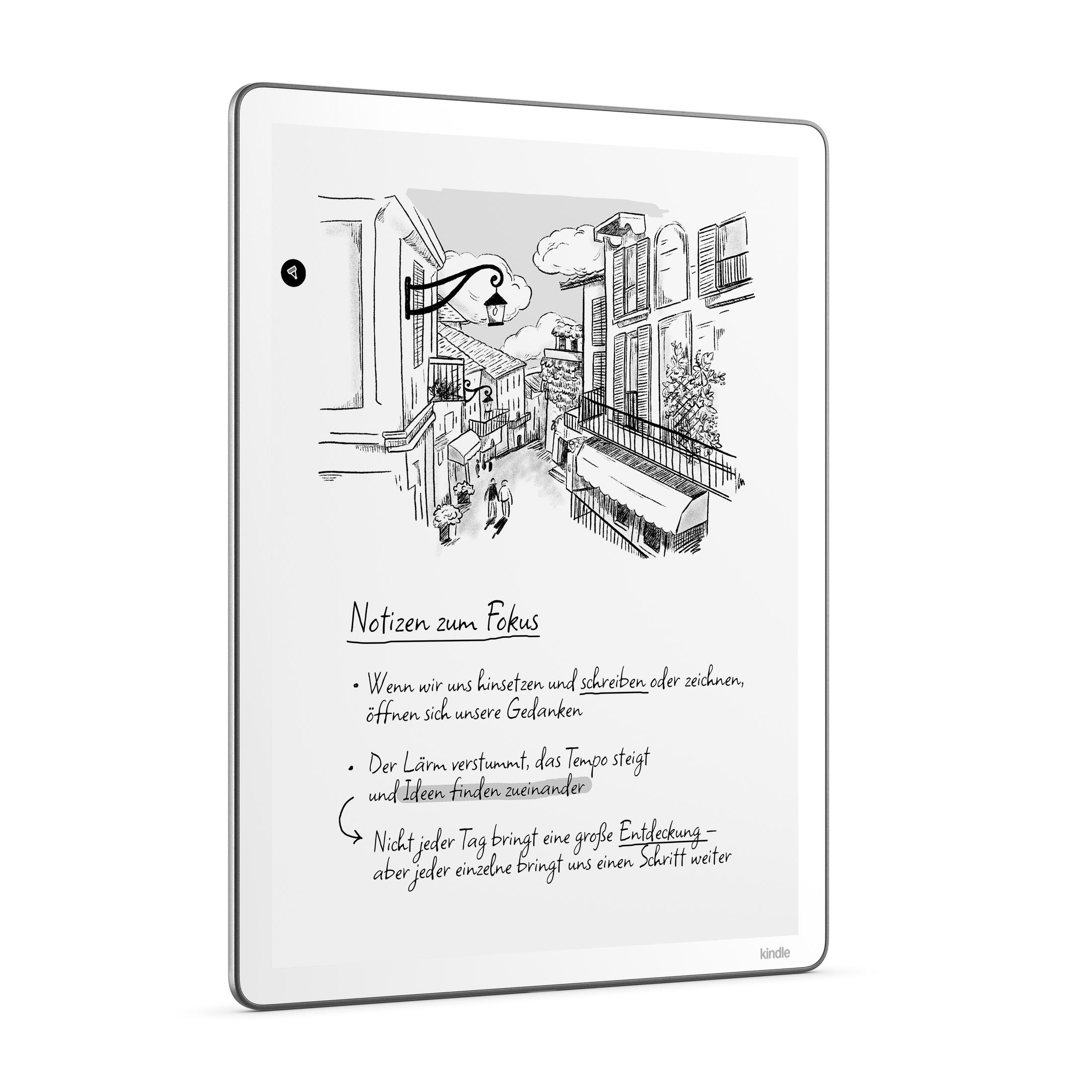 Lector electrónico muestra un boceto de calle con edificios y notas.