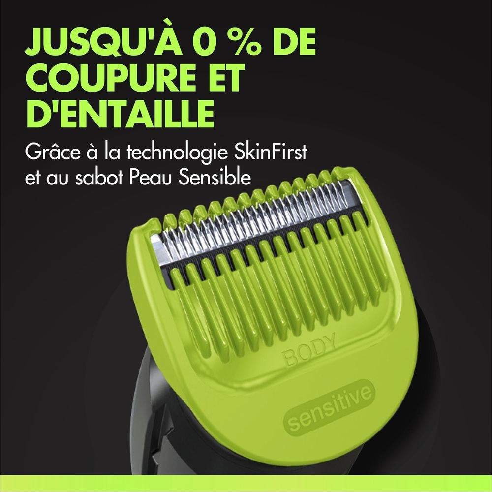 Un accessorio per rifinitore verde con etichetta 'BODY' e 'sensitive'.