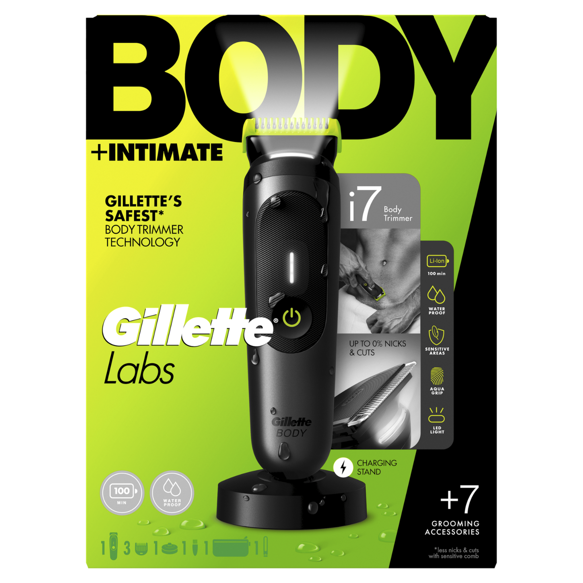 Tagliacapelli corpo Gillette i7 su base di ricarica con accessori e testo.