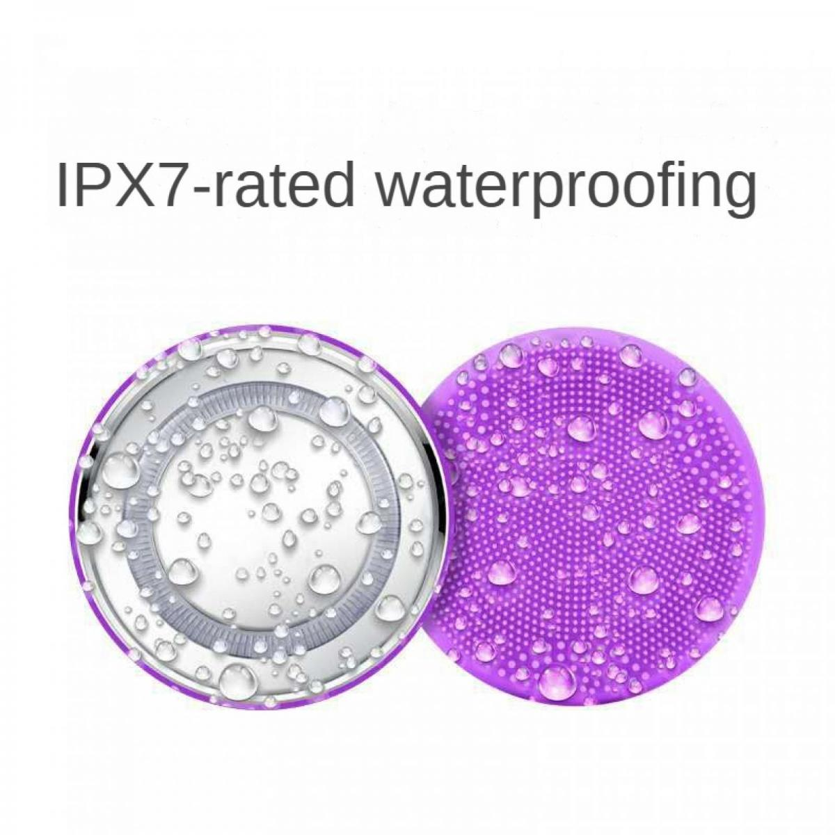 Lila Reinigungsbürste mit Wassertropfen und IPX7-Wasserdichtigkeit.