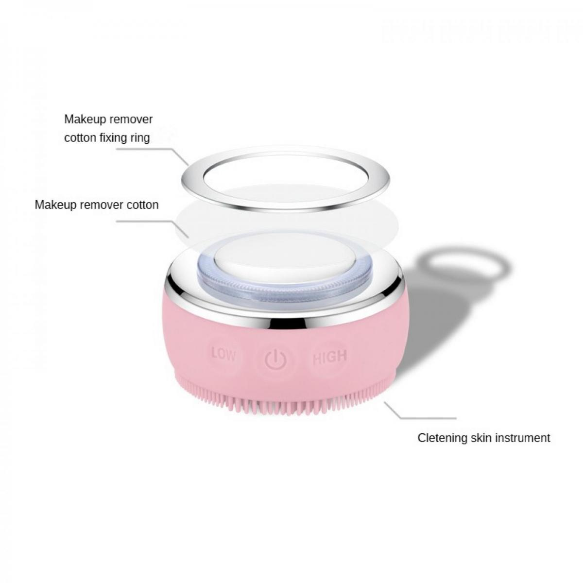 Ein rosa Hautreinigungsgerät mit abnehmbarem Ring und Wattepad.