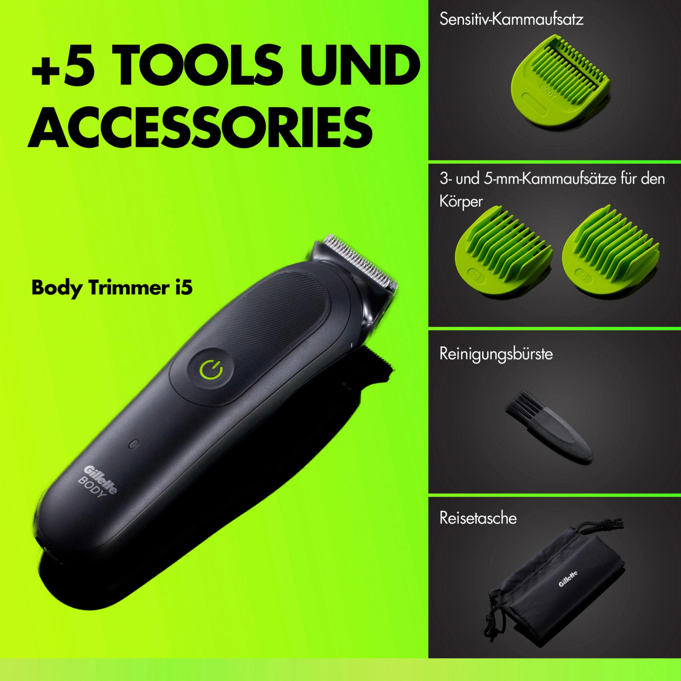Tagliacapelli corpo Gillette i5 con accessori: pettini, spazzola e custodia.