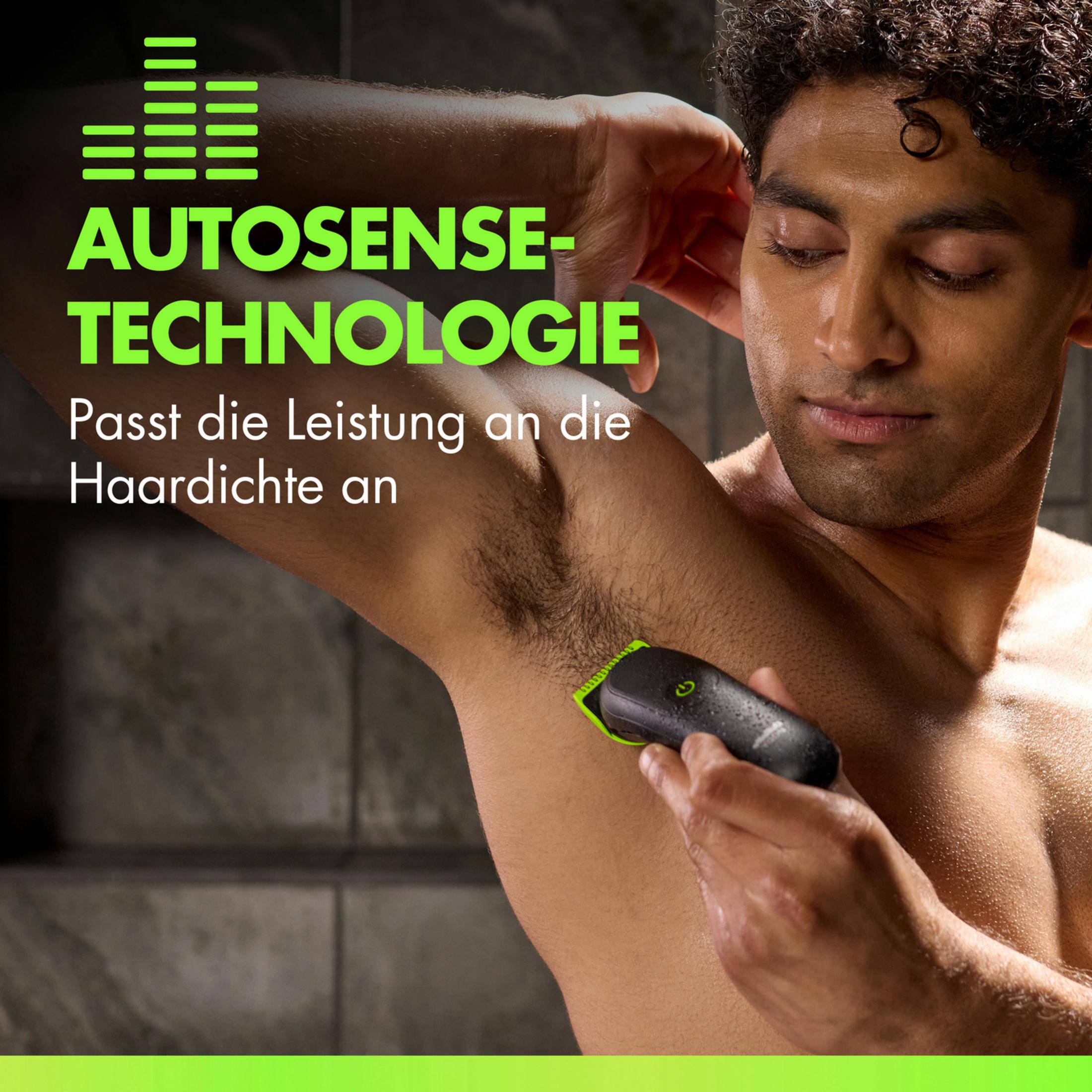 Un uomo si rade l'ascella con un rasoio elettrico, con testo in tedesco su "AUTOSENSE-TECHNOLOGIE" e densità dei peli.