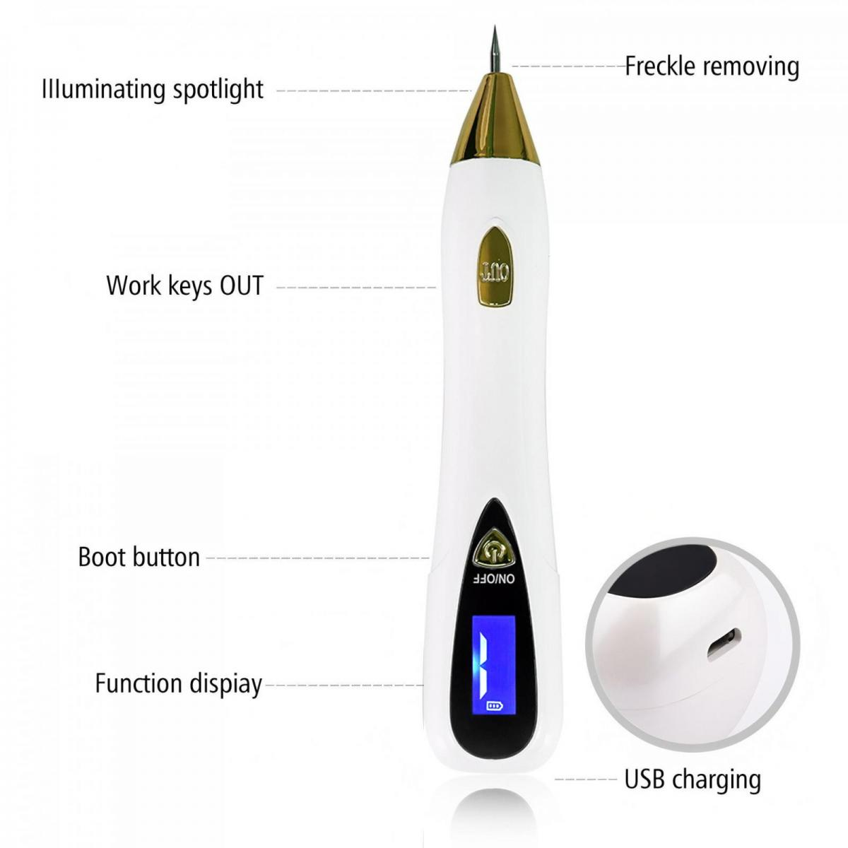 Ein weißes Hautpflegegerät mit Goldakzenten, Nadelspitze und USB-Ladeanschluss.