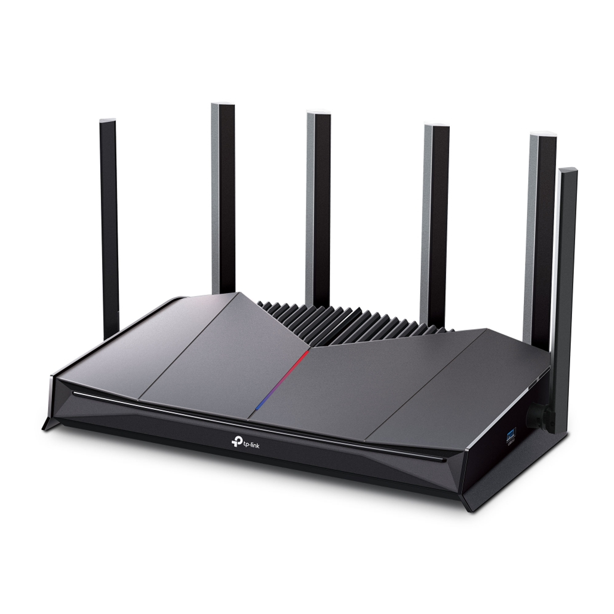 Un router TP-Link nero con più antenne si trova su sfondo bianco.
