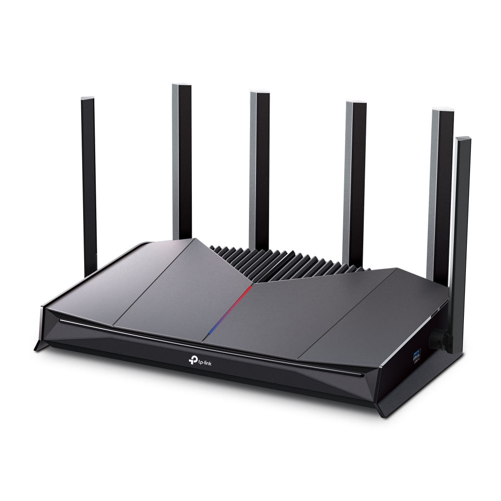 Un router TP-Link nero con sei antenne e luci indicatori rosse/blu.
