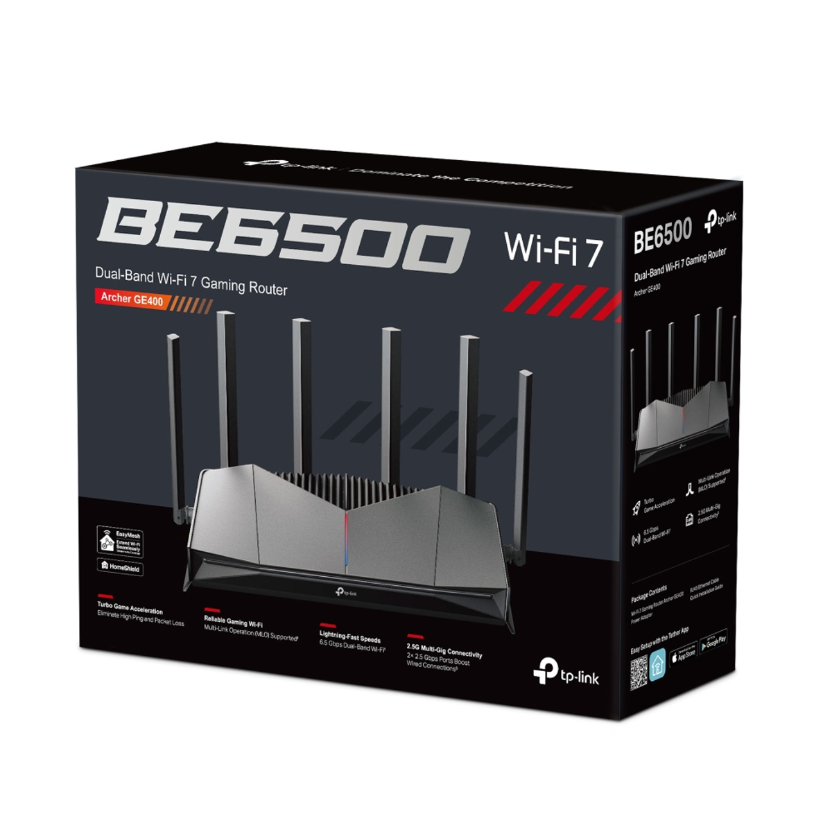 Router gaming dual-band Wi-Fi 7 TP-Link BE6500 con antenne su sfondo scuro.