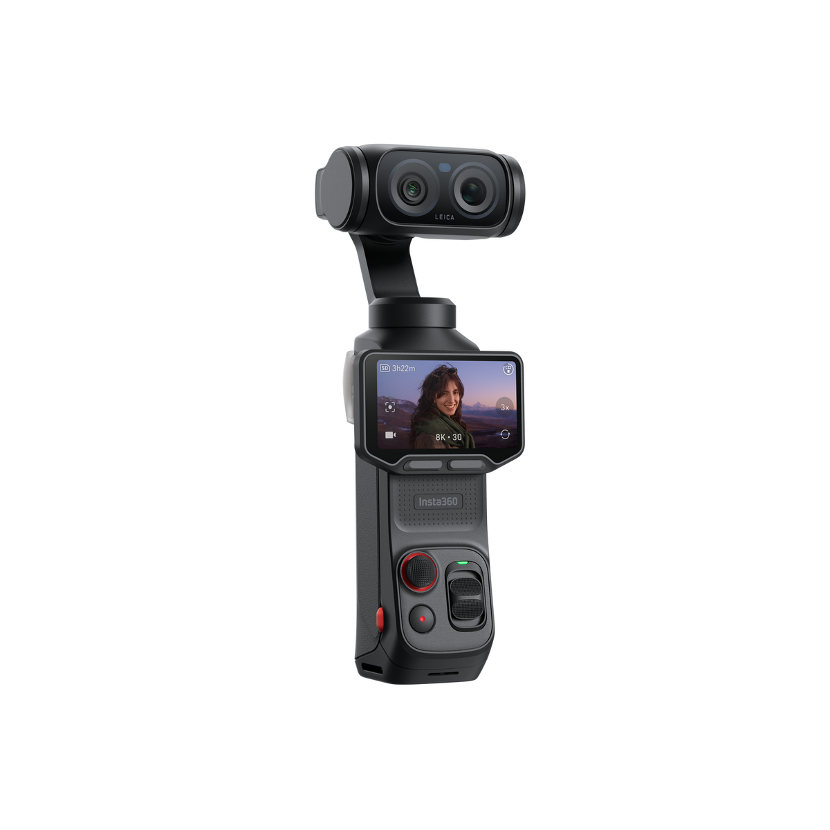 Un cardán de cámara Insta360 negro con lentes Leica y pantalla.
