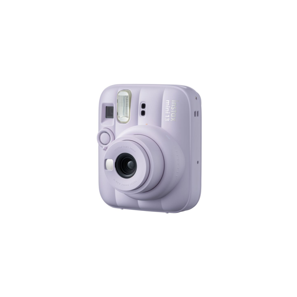 Eine lavendelfarbene Instax Mini 13 Sofortbildkamera mit Linse und Blitz.