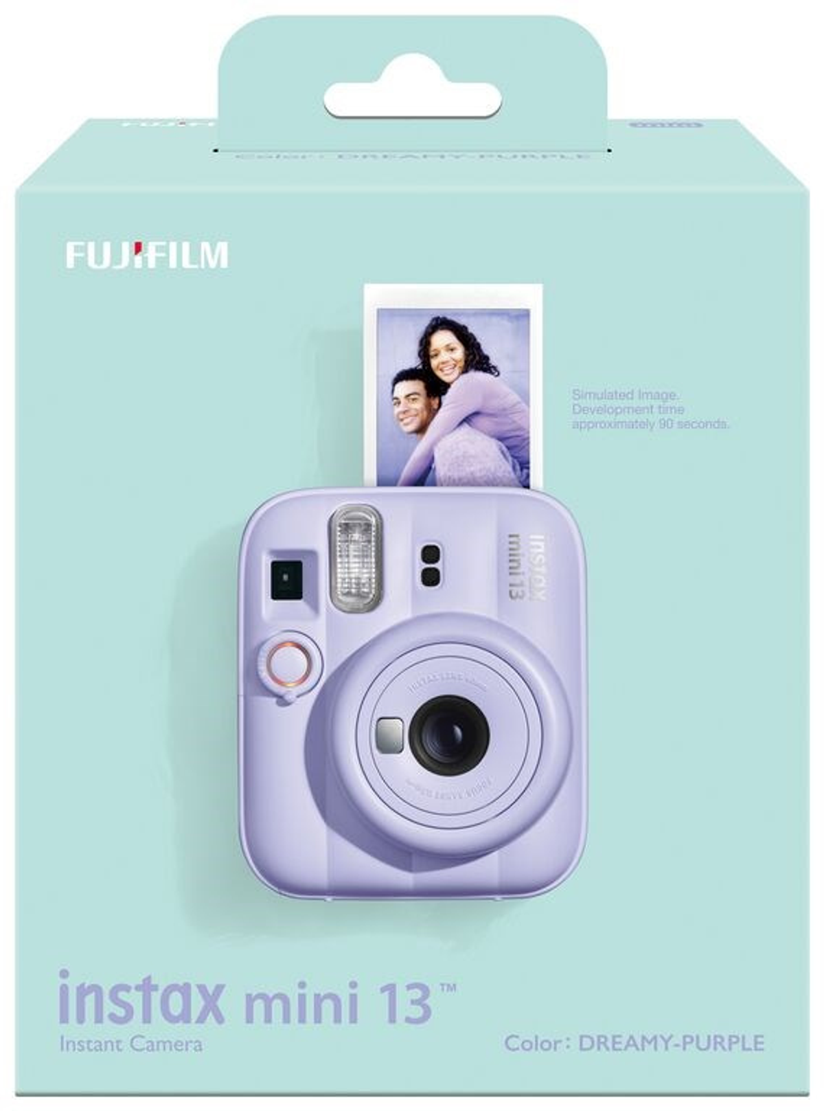 Fujifilm Instax Mini 13 Kamera in traumhaftem Lila auf hellblauer Verpackung mit Simu-Foto.