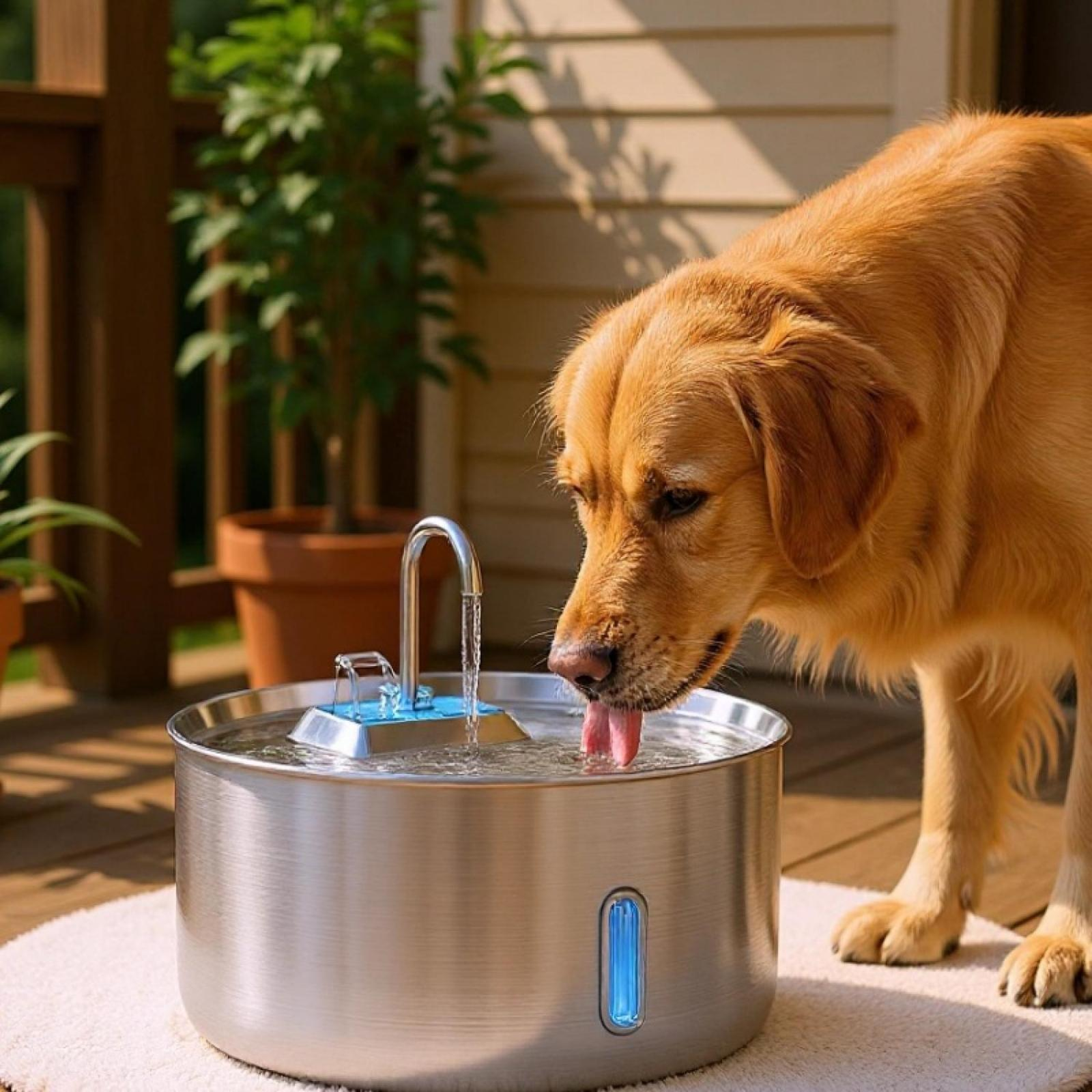 Ein Golden Retriever trinkt aus einem Metallbrunnen mit blauem Licht auf einer Holzterrasse.