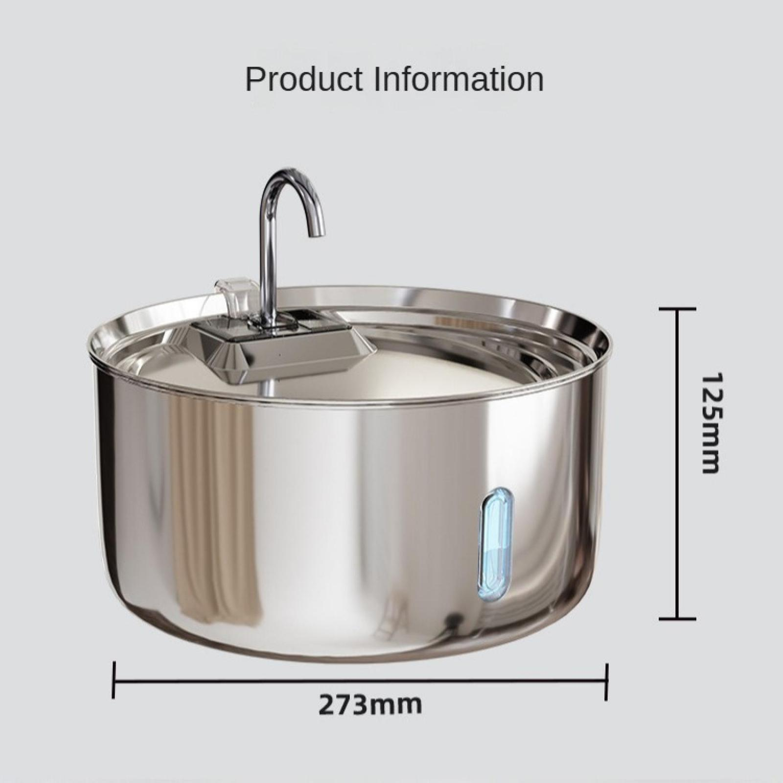 Edelstahl-Wasserspender mit verchromtem Wasserhahn und Füllstandsanzeige. Maße: 273x125mm.