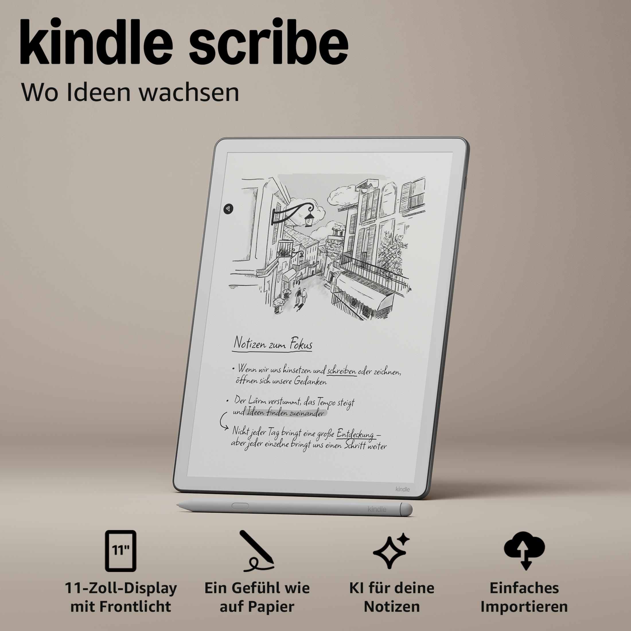 Un Kindle Scribe con un dibujo de una escena callejera y texto en alemán, junto a iconos de funciones como una pantalla de 11 pulgadas.