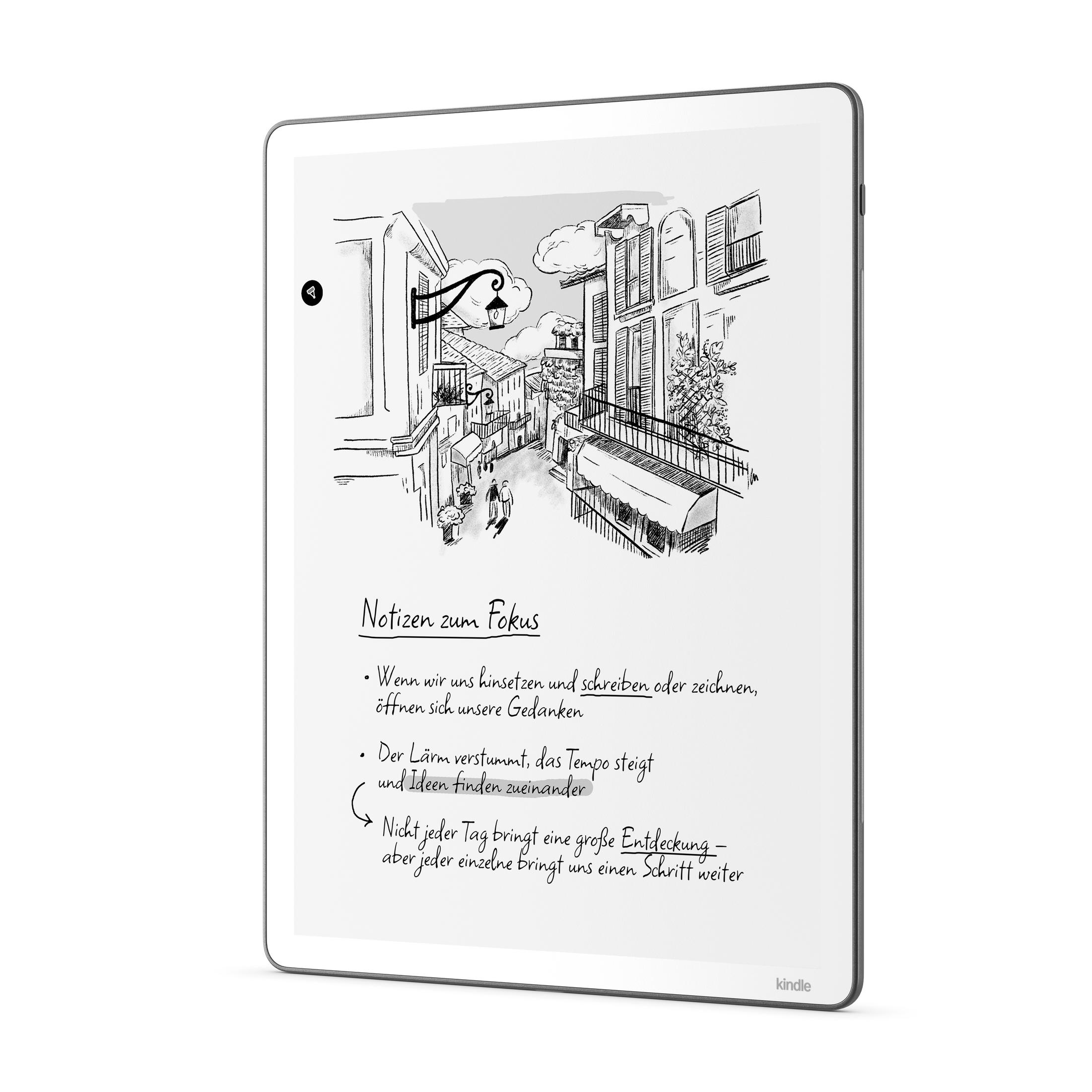 Lector de libros electrónicos muestra un boceto de calle de ciudad con notas.
